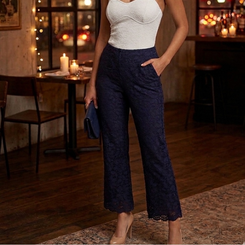 Free People Navy Blue Lace High-Rise Flare Pants